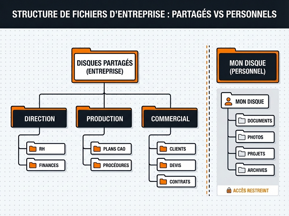 Structure drives partagés Google Workspace - arborescence dossiers par service avec cadenas